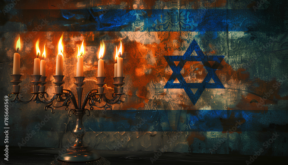 Menorah with burning candles for Hanukkah celebration and flag of Israel on grunge background