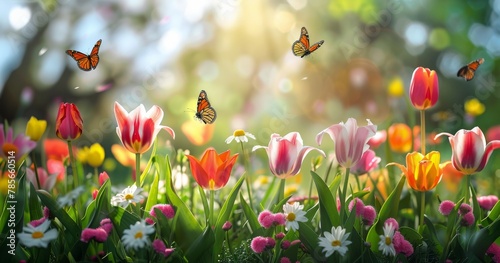Field Full of Colorful Flowers and Butterflies