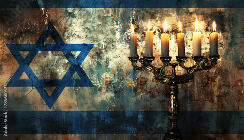 Menorah with burning candles for Hanukkah celebration and flag of Israel on grunge background photo