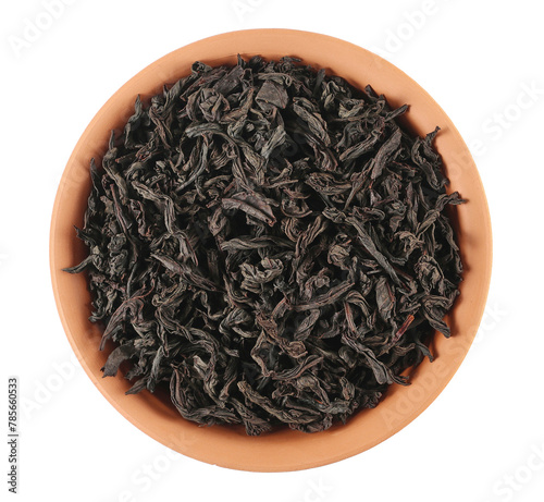 Dry leaves Oolong tea in clay pot, Camellia sinensis, dark green teas isolated on white, top view