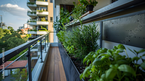 A balcony herb garden featuring a rain curtain water system providing a visually stunning and efficient watering method for plants like rosemary and basil.