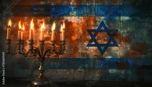 Menorah with burning candles for Hanukkah celebration and flag of Israel on grunge background photo