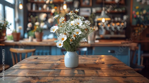 Blue Vase Filled With White and Yellow Flowers