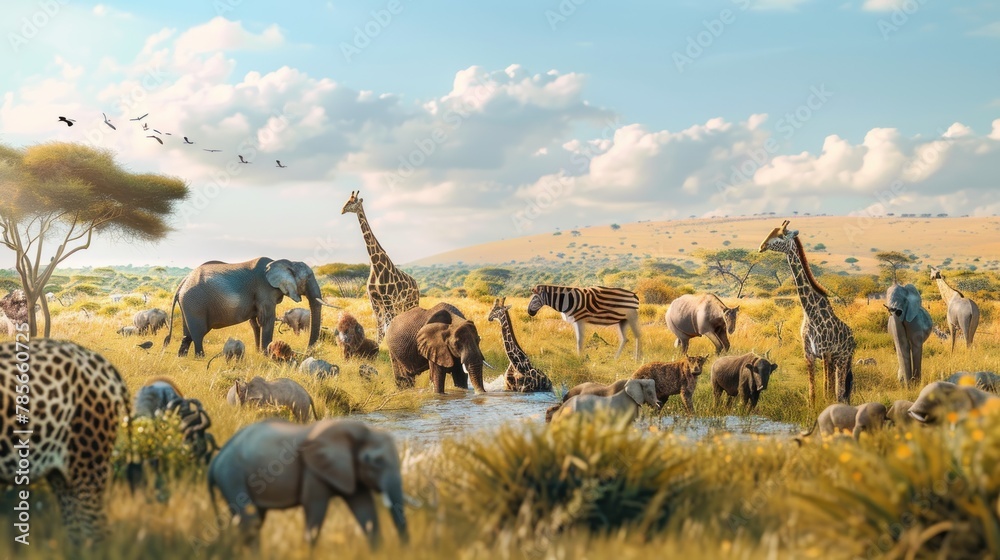 Group of African safari animals stands together in the savanna grassland. AI generated image - obrazy, fototapety, plakaty 