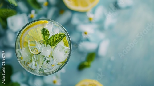 Glass of Lemon and mint drink top view summer background