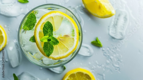 Glass of Lemon and mint drink top view summer background © PD