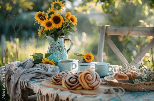 Table With Vase of Sunflowers