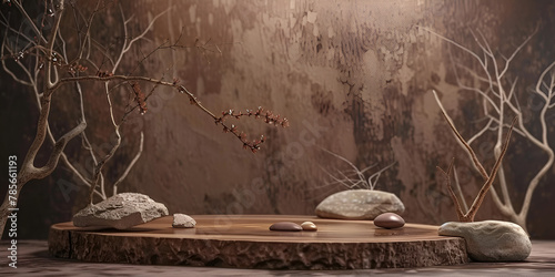 Zeninspired Beauty Embracing the Wabi Sabi Aesthetic with a Minimalist Stone Podium and Driftwood photo