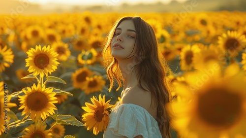 Woman Standing in a Field of Sunflowers