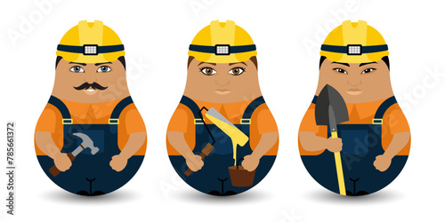 A set of three the Tilting Toy. Builders: handyman, painter, furniture assembler. Design tilting toy. Modern kawaii dolls for your business project