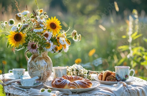 Table With Vase of Sunflowers