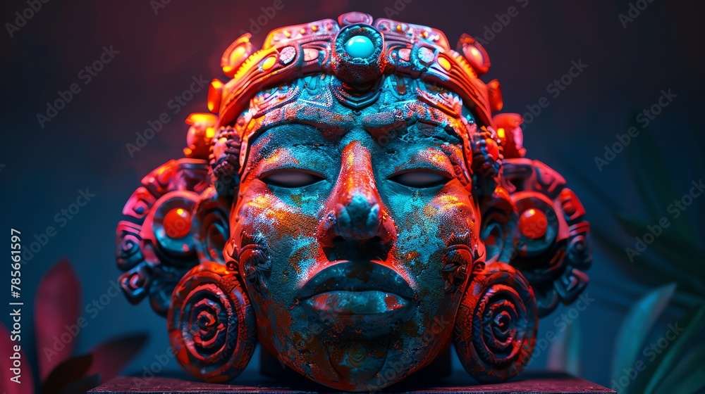 Illustrate a clay sculpture of an ancient ceremonial mask integrated ...