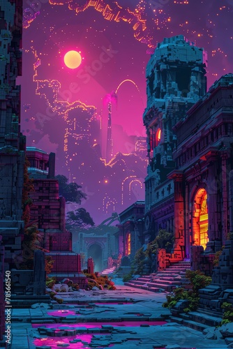 Craft a pixel art scene depicting a sacred ritual site illuminated by neon lights and augmented reality elements, infusing the ancient setting with a cyberpunk twist Utilize a palette of contrasting c