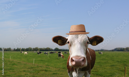 Eine glückliche Kuh mit Sonnenhut im Sommer am Feldrand