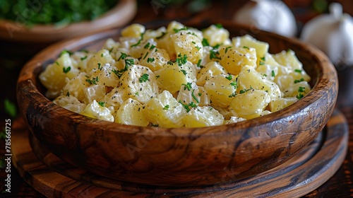 Wooden Bowl Filled With Potato Salad on Table