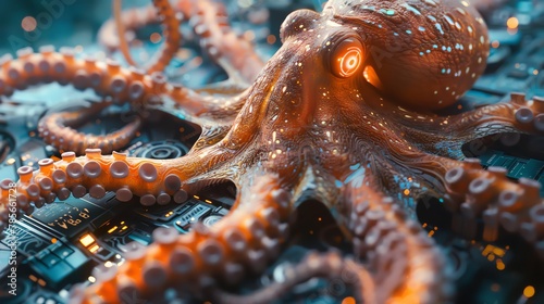 Illustrate a holographic octopus manipulating futuristic holographic displays from a worms-eye view, blending advanced technology with the elegance of marine movement