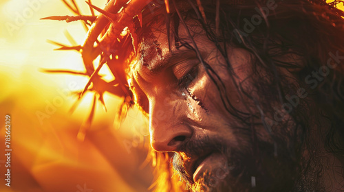 A man with a crown on his head and blood on his face. The man is Jesus Christ