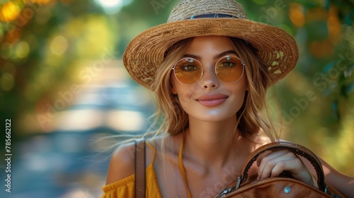Woman in Hat and Sunglasses Carrying Bag