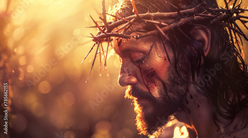 A man with a crown on his head and a cross on his forehead. The man is wearing a bloody face paint and he is in pain. Concept of sacrifice and suffering, as the man is depicted as a martyr photo