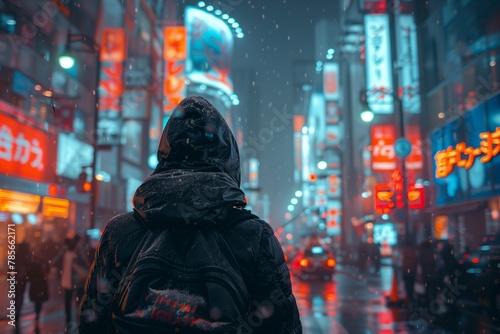 Person with hoodie in neon-lit Tokyo street