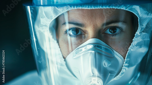 A woman in a white lab coat and a blue face mask. She is looking at the camera