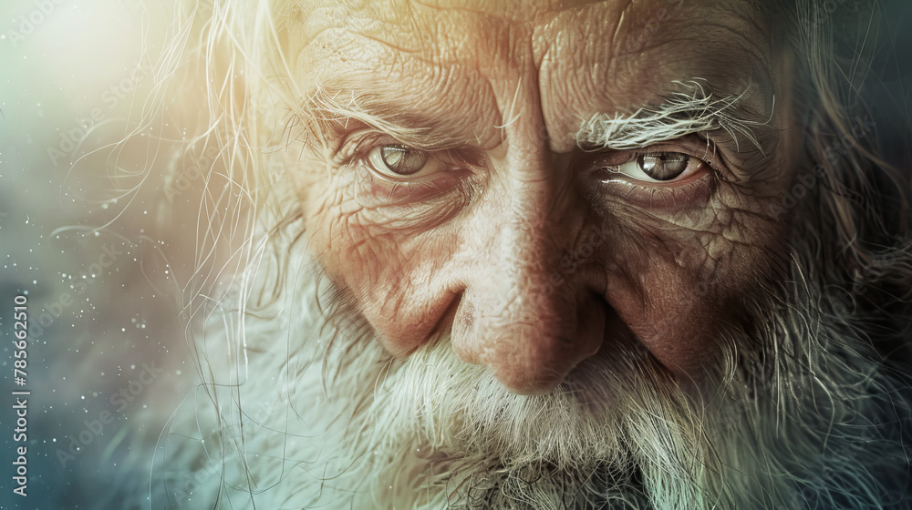 A man with a beard and gray hair is staring at the camera. The man's face is wrinkled and his eyes are green. Concept of wisdom and experience A man with a beard and gray hair is staring at the camera. The man's face is wrinkled and his eyes are green. Concept of wisdom and experience