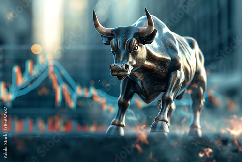 A bull is running through a city street with a stock market graph in the background. The bull is surrounded by fire, which adds to the intensity of the scene. Concept of urgency and chaos © mila103
