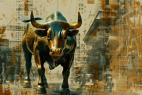A bull with horns is standing in front of a graph. The bull is looking at the graph, and the graph is showing a downward trend. Scene is serious and focused