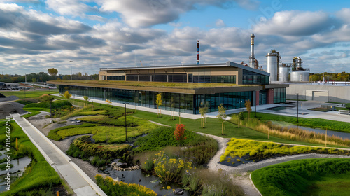 A carbon-neutral manufacturing facility with green roofs onsite renewable energy and waste-to-energy systems. photo