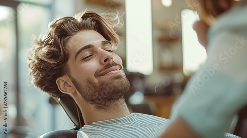 A young man is enjoying and relaxing while getting a haircut by a professional hairstylist in a hair salon.