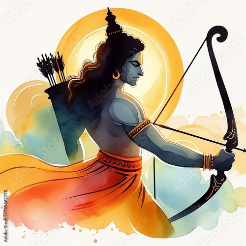 Watercolor illustration of lord rama silhouette with a bow and arrow for ram navami created with generative ai © Chaudhry