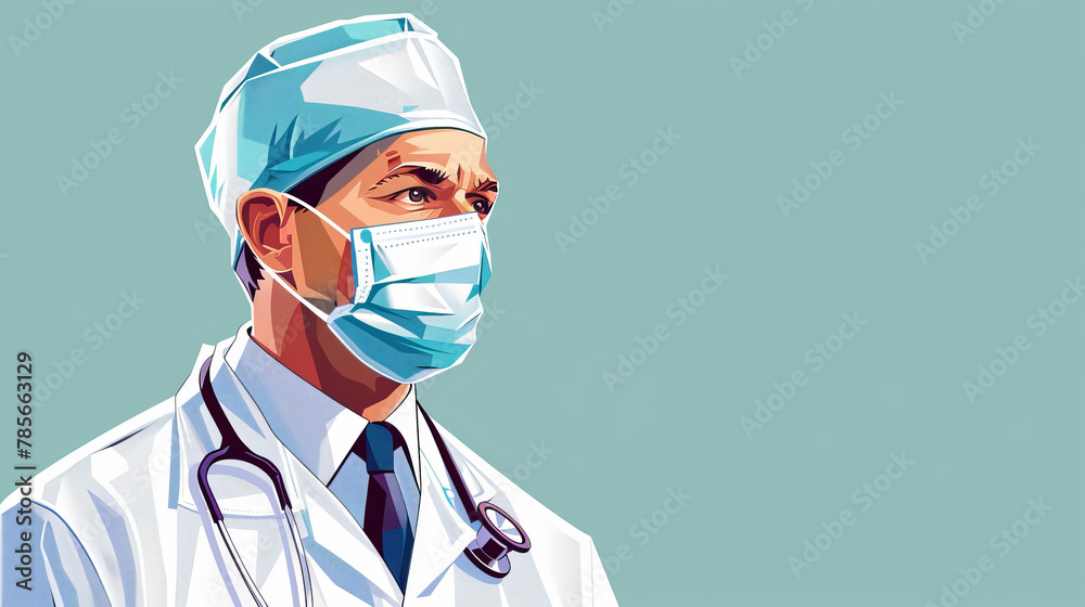 A man in a white lab coat with a blue tie and a blue hat with a white band A man in a white lab coat with a blue tie and a blue hat with a white band