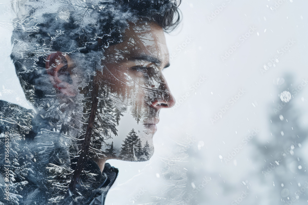 A man with a beard is looking out the window at the snow. The image has a wintery, cold, and somewhat melancholic mood