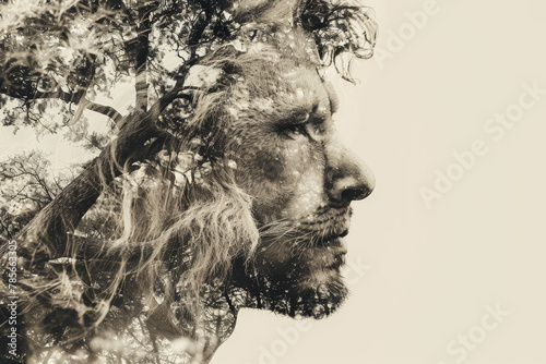 A man's face is shown in a distorted way, with trees and leaves surrounding him. The image has a dreamy, surreal quality to it