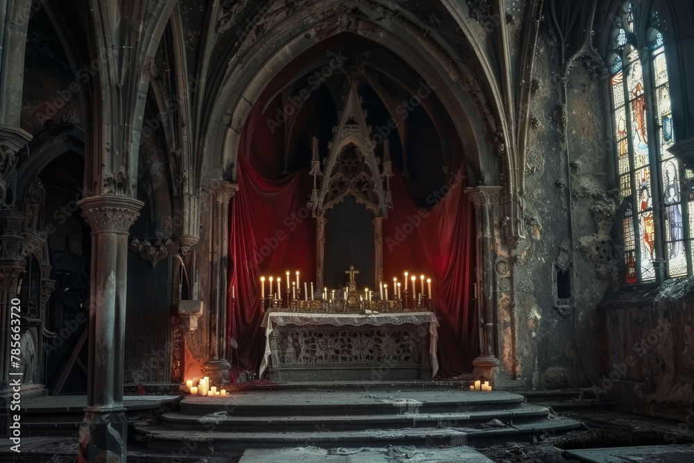 A church with a red curtain and candles lit in the altar. Scene is solemn and peaceful