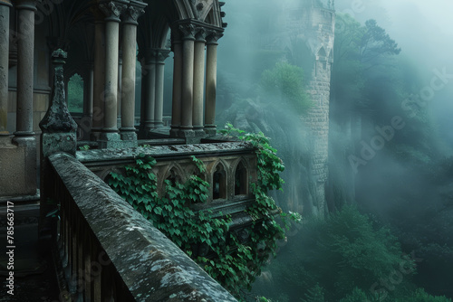 A castle with a balcony overlooking a forest. Scene is eerie and mysterious. The castle appears to be abandoned and overgrown with vines, giving it a sense of decay and abandonment photo