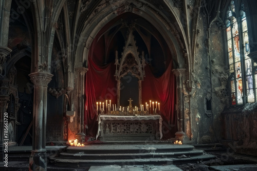 A church with a red curtain and candles lit in the altar. Scene is solemn and peaceful photo