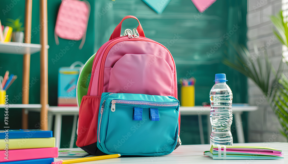 Naklejka premium Colorful school backpack with bottle of water and stationery on white table near green chalkboard