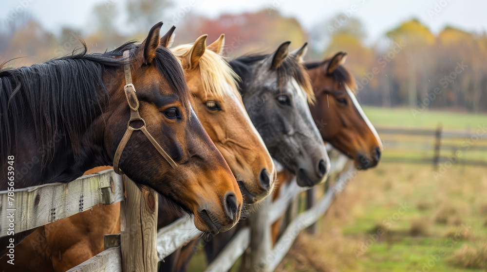 Fototapeta premium Four horses are standing in a field behind a wooden fence. The horses are of different colors, with one being brown, one being white, and two being black. Concept of calm and peacefulness