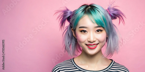 young pretty asian girl with colorful hair and sweet smile, space for text