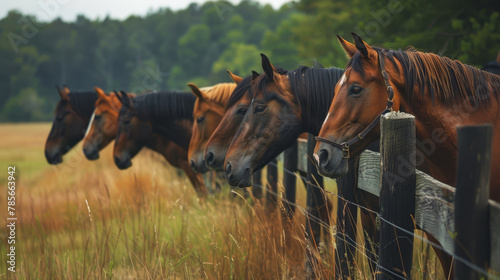 A group of horses are standing in a field next to a fence. The horses are all brown and are standing in a row