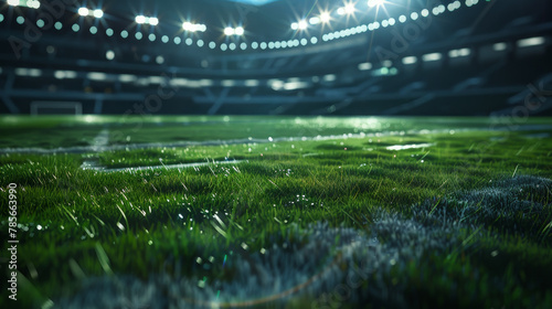 A soccer field with a wet grass and a stadium in the background. The stadium is lit up with bright lights