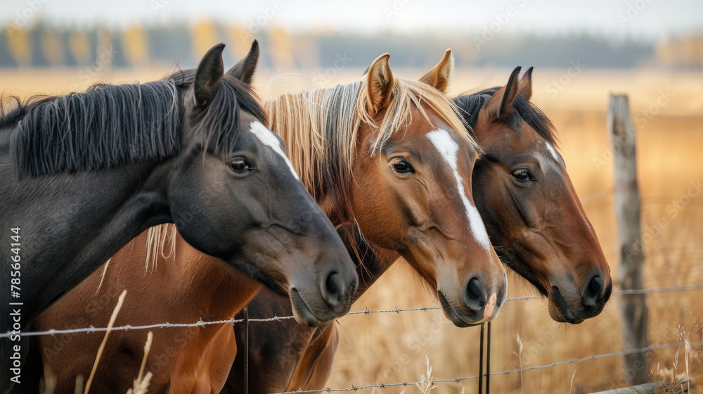 Naklejka premium Four horses standing in a field with a wooden fence in the background. The horses are brown and white