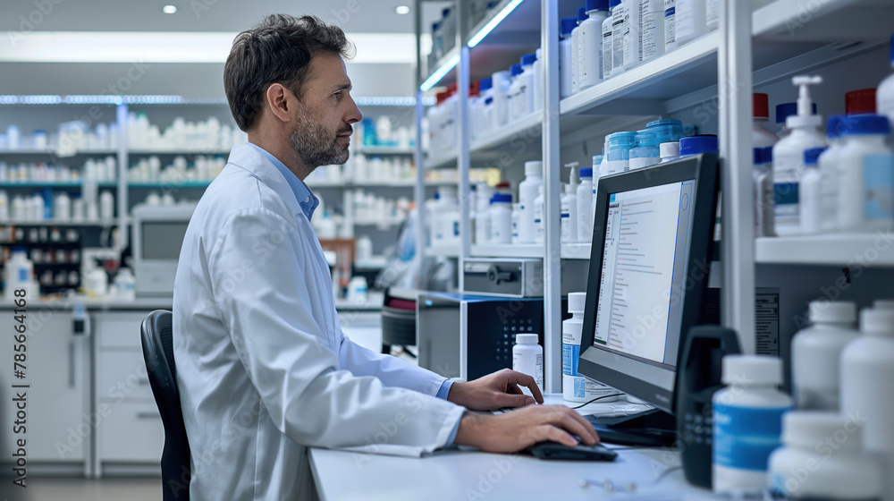 Confident Pharmacist Working at Computer in Modern Pharmacy