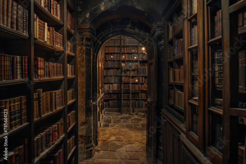 A long, narrow library with many bookshelves. The bookshelves are filled with books of all sizes and colors. The atmosphere is quiet and peaceful