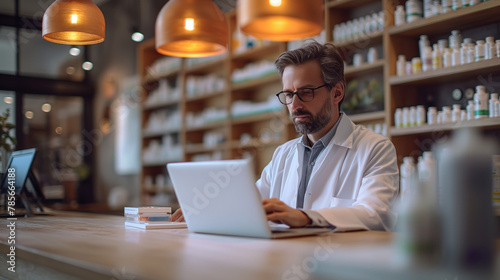 Confident Pharmacist Managing Inventory on Laptop in Modern Pharmacy photo