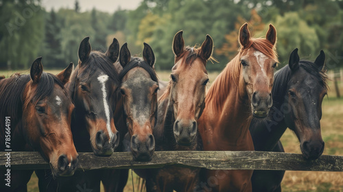 Four horses standing in a field with a wooden fence in the background. The horses are brown and white