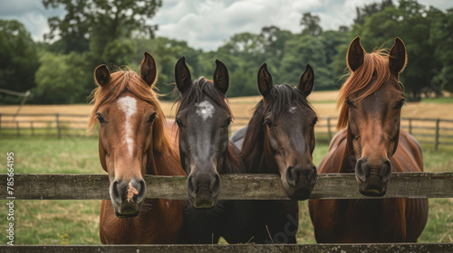 Four horses standing in a field with a wooden fence in the background. The horses are brown and white