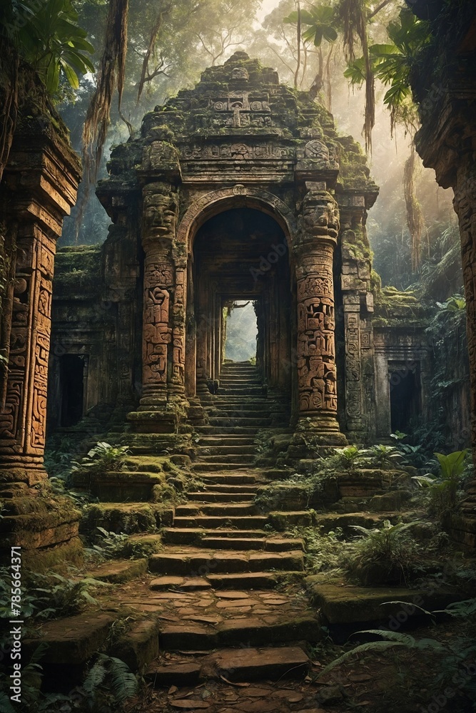 Ancient, mystical temple, adorned with intricate carvings, stands majestically amidst dense forest. Sunlight filters through towering trees.