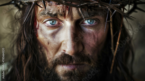 A man with a crown on his head and a blue eye. He is wearing a cross on his forehead